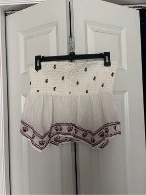 American Eagle Outfitters White Smocked Tube Top with Red Floral Embroidery
